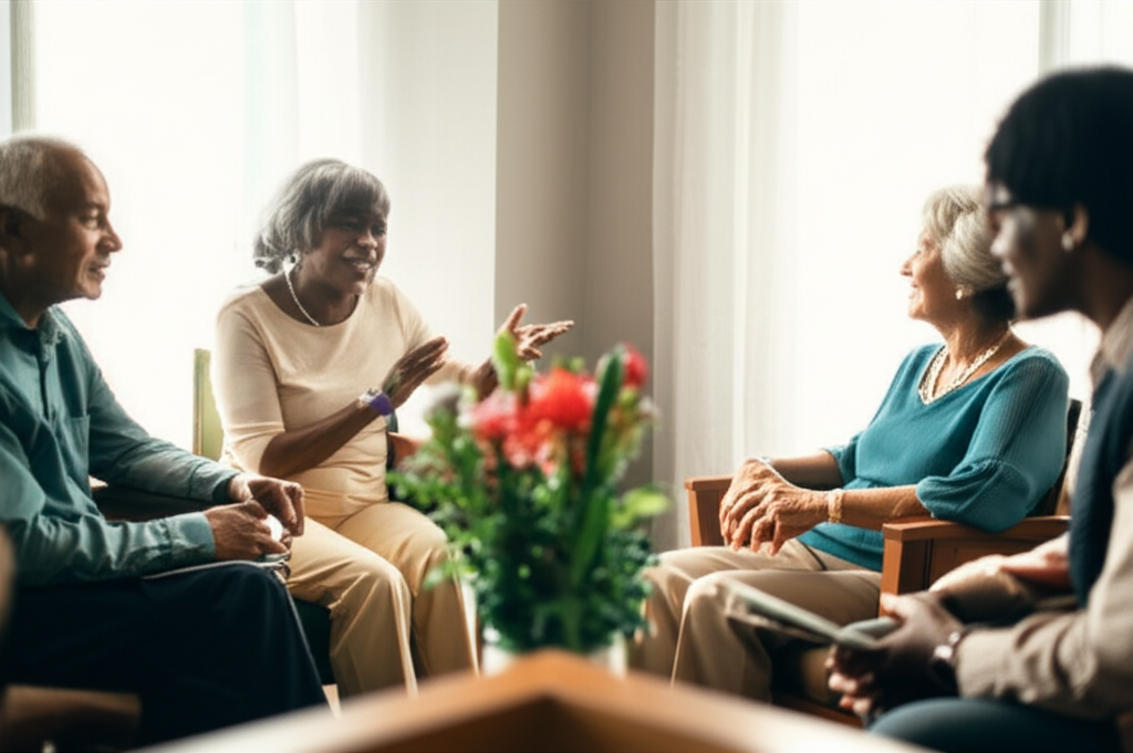 Diverse seniors engaging in conversation